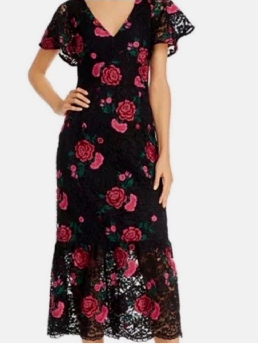 Shoshanna Black Lace Maxi Dress with Pink Rose Embroidery